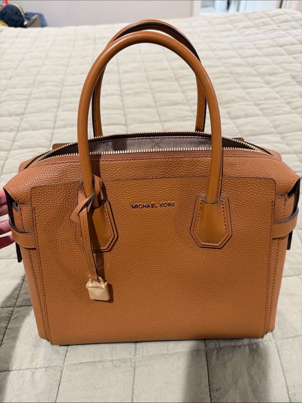 Michael Kors Cognac Pebbled Leather Satchel with Gold Accent